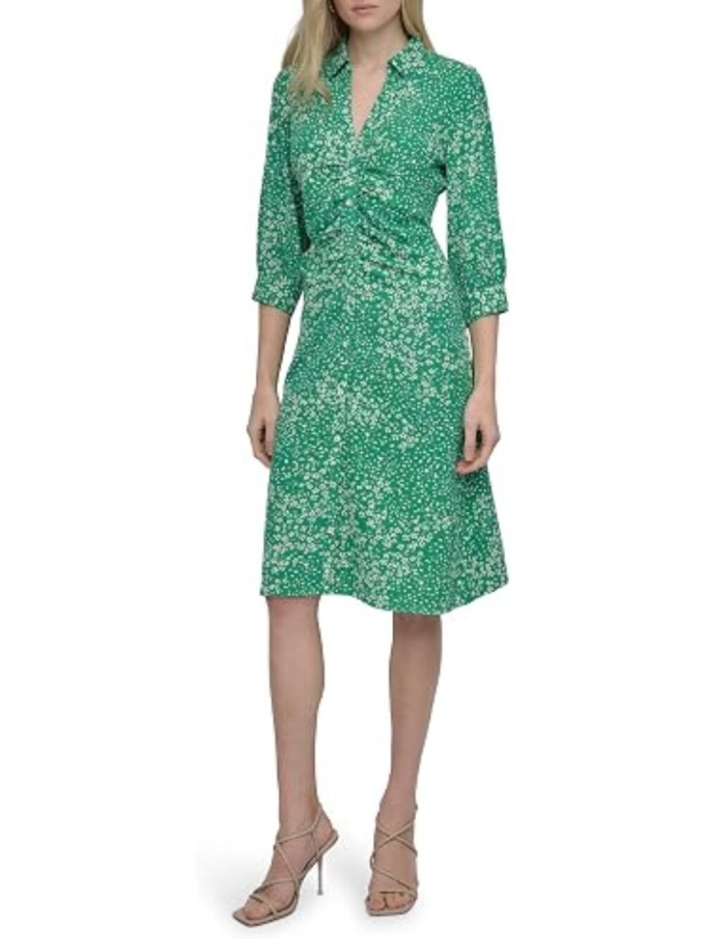 DKNY V-Neck Floral Printed Ruched Mini Dress Green & White Size 10